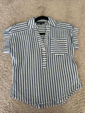 Veronica Beard Blue and White Striped Short-Sleeve Shirt, XS
